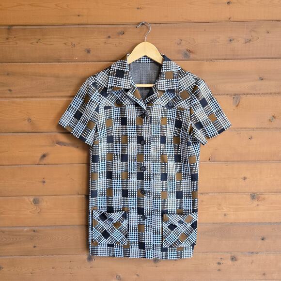Vintage Tops - Vintage 70's Top Handmade Disco Mod Green Button Down Blouse Retro Geometric